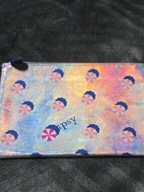 ipsy Iridescent Holographic Pouch with Pink and Blue Umbrella Motif